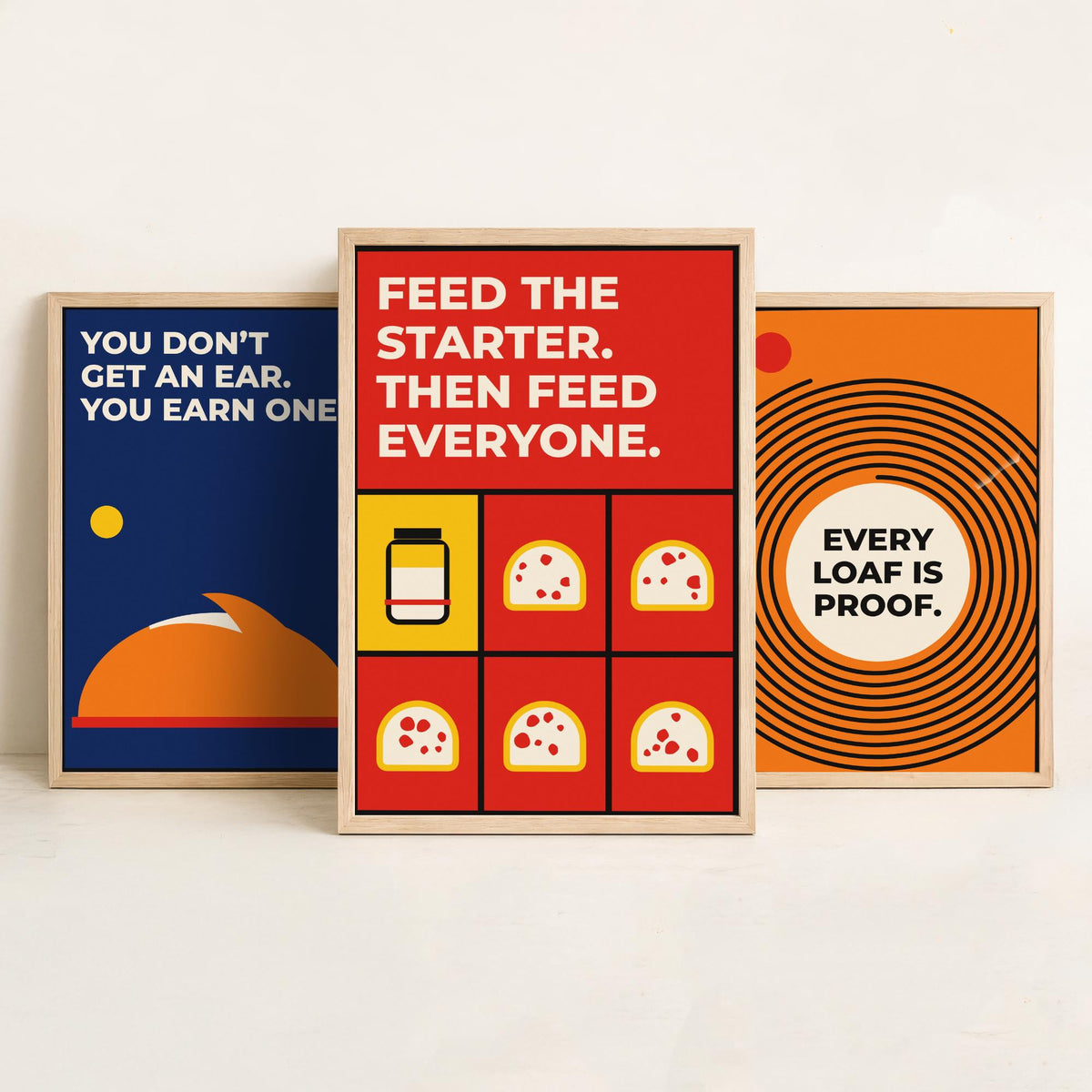 Sourdough Quotes Set of Three Art Prints - 3 Retro Bauhaus Baker and Bread Posters - Minimalist Kitchen Wall Art Illustration V2