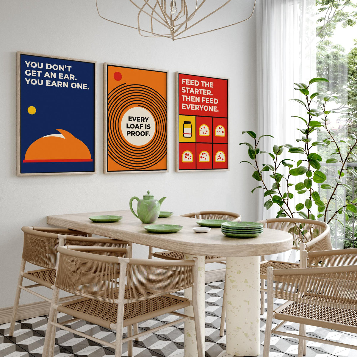 Sourdough Quotes Set of Three Art Prints - 3 Retro Bauhaus Baker and Bread Posters - Minimalist Kitchen Wall Art Illustration V2