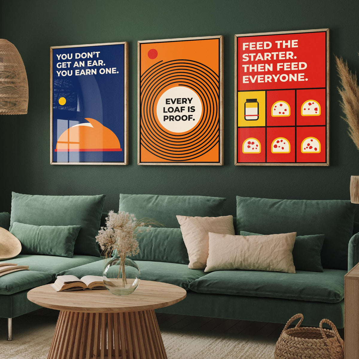 Sourdough Quotes Set of Three Art Prints - 3 Retro Bauhaus Baker and Bread Posters - Minimalist Kitchen Wall Art Illustration V2