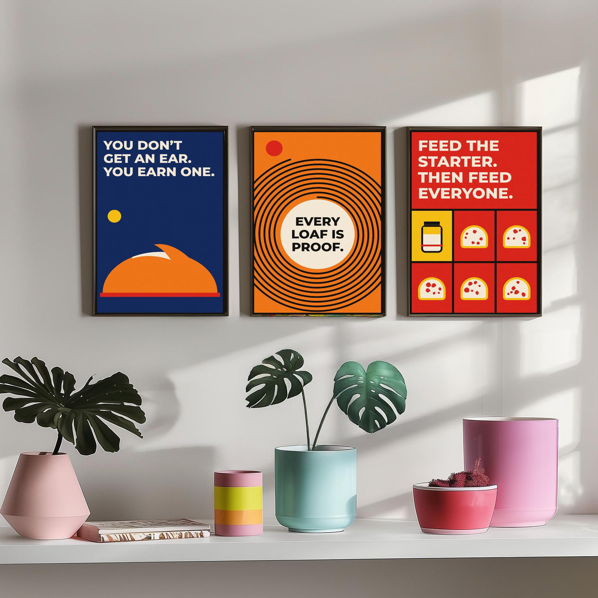 Sourdough Quotes Set of Three Art Prints - 3 Retro Bauhaus Baker and Bread Posters - Minimalist Kitchen Wall Art Illustration V2