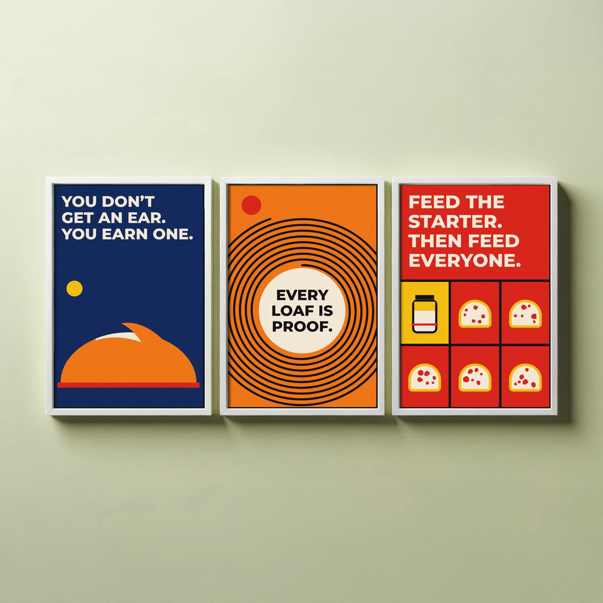 Sourdough Quotes Set of Three Art Prints - 3 Retro Bauhaus Baker and Bread Posters - Minimalist Kitchen Wall Art Illustration V2
