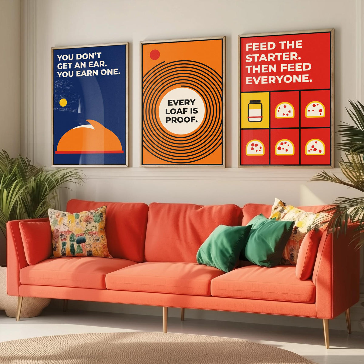 Sourdough Quotes Set of Three Art Prints - 3 Retro Bauhaus Baker and Bread Posters - Minimalist Kitchen Wall Art Illustration V2