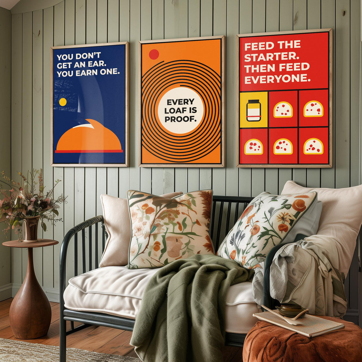 Sourdough Quotes Set of Three Art Prints - 3 Retro Bauhaus Baker and Bread Posters - Minimalist Kitchen Wall Art Illustration V2