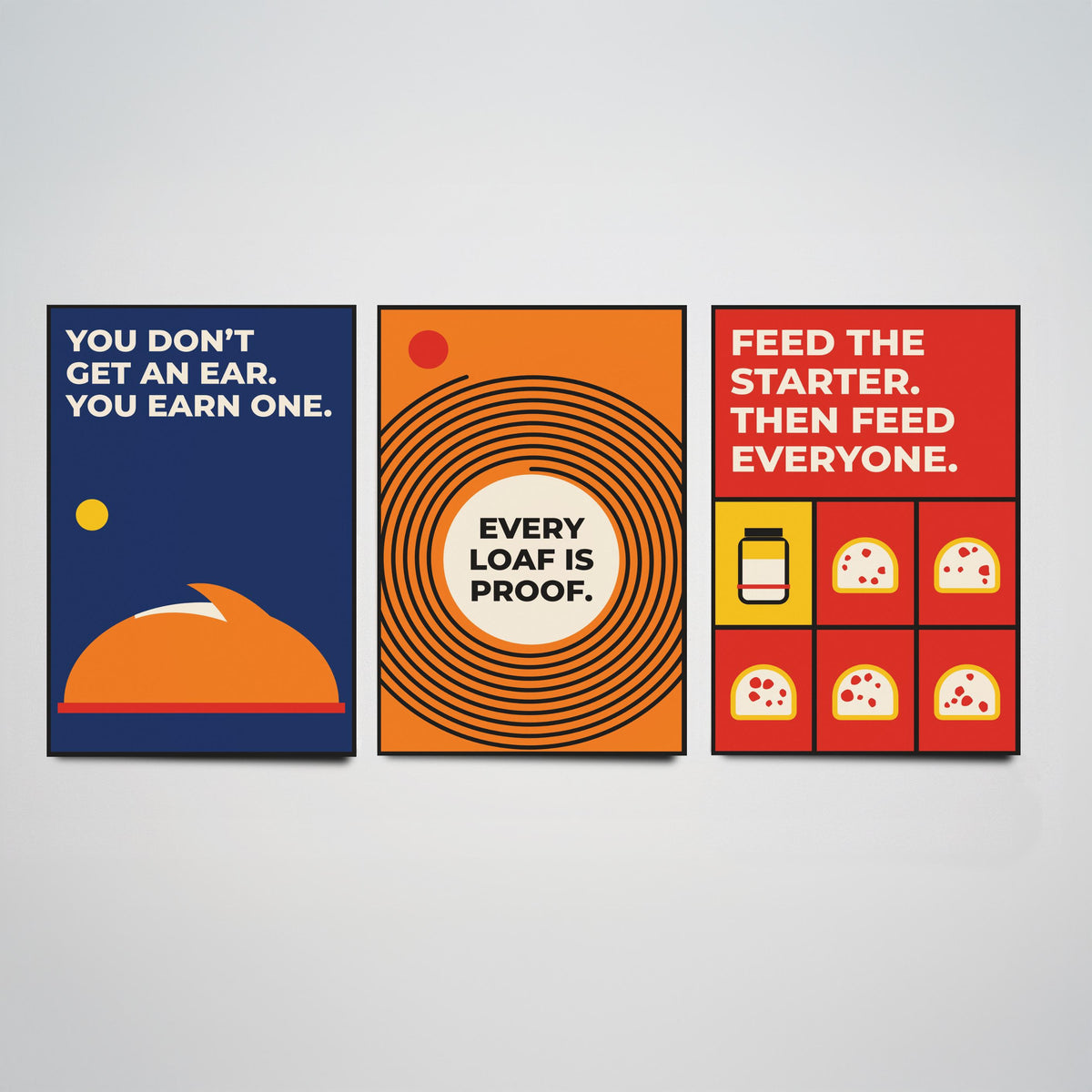 Sourdough Quotes Set of Three Art Prints - 3 Retro Bauhaus Baker and Bread Posters - Minimalist Kitchen Wall Art Illustration V2