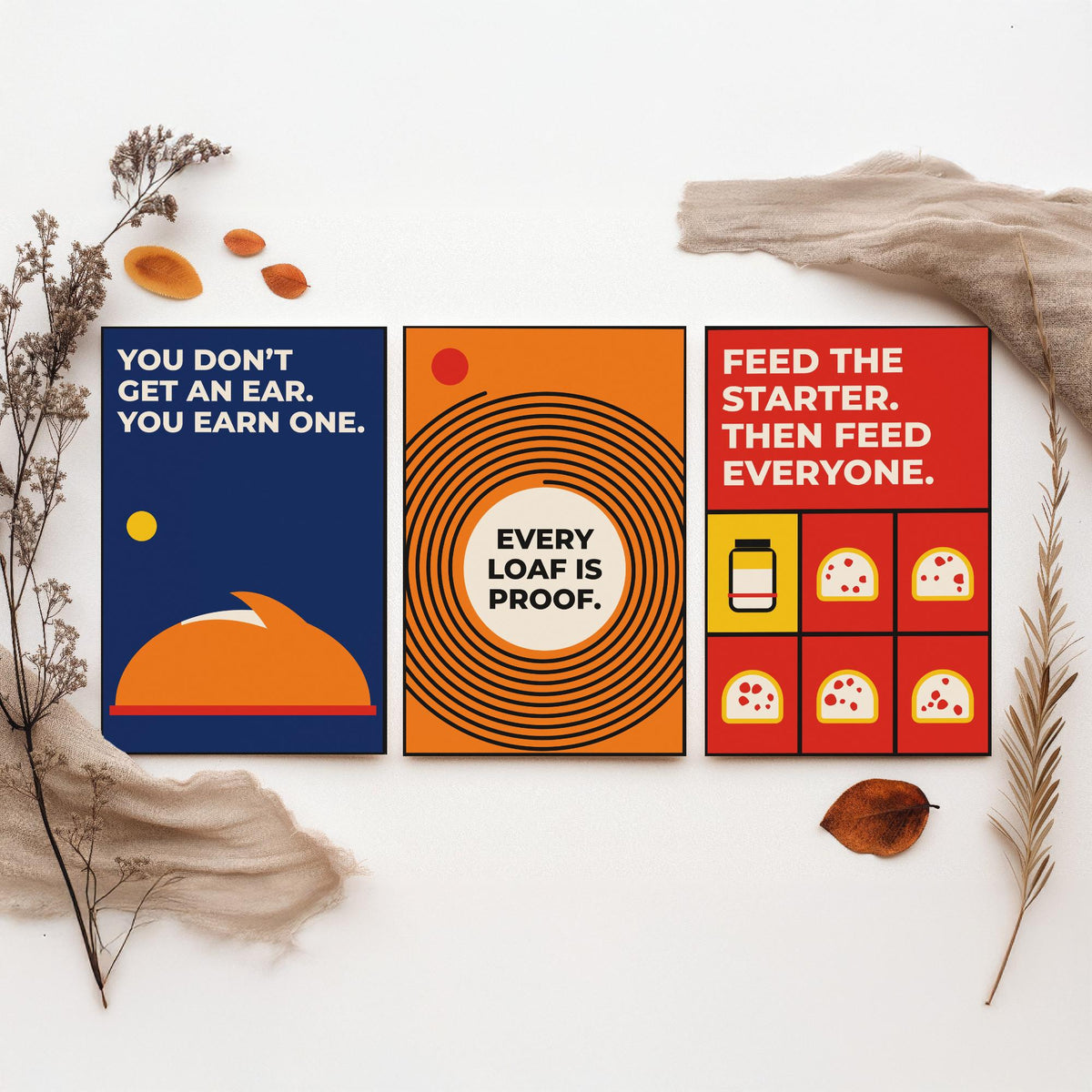 Sourdough Quotes Set of Three Art Prints - 3 Retro Bauhaus Baker and Bread Posters - Minimalist Kitchen Wall Art Illustration V2