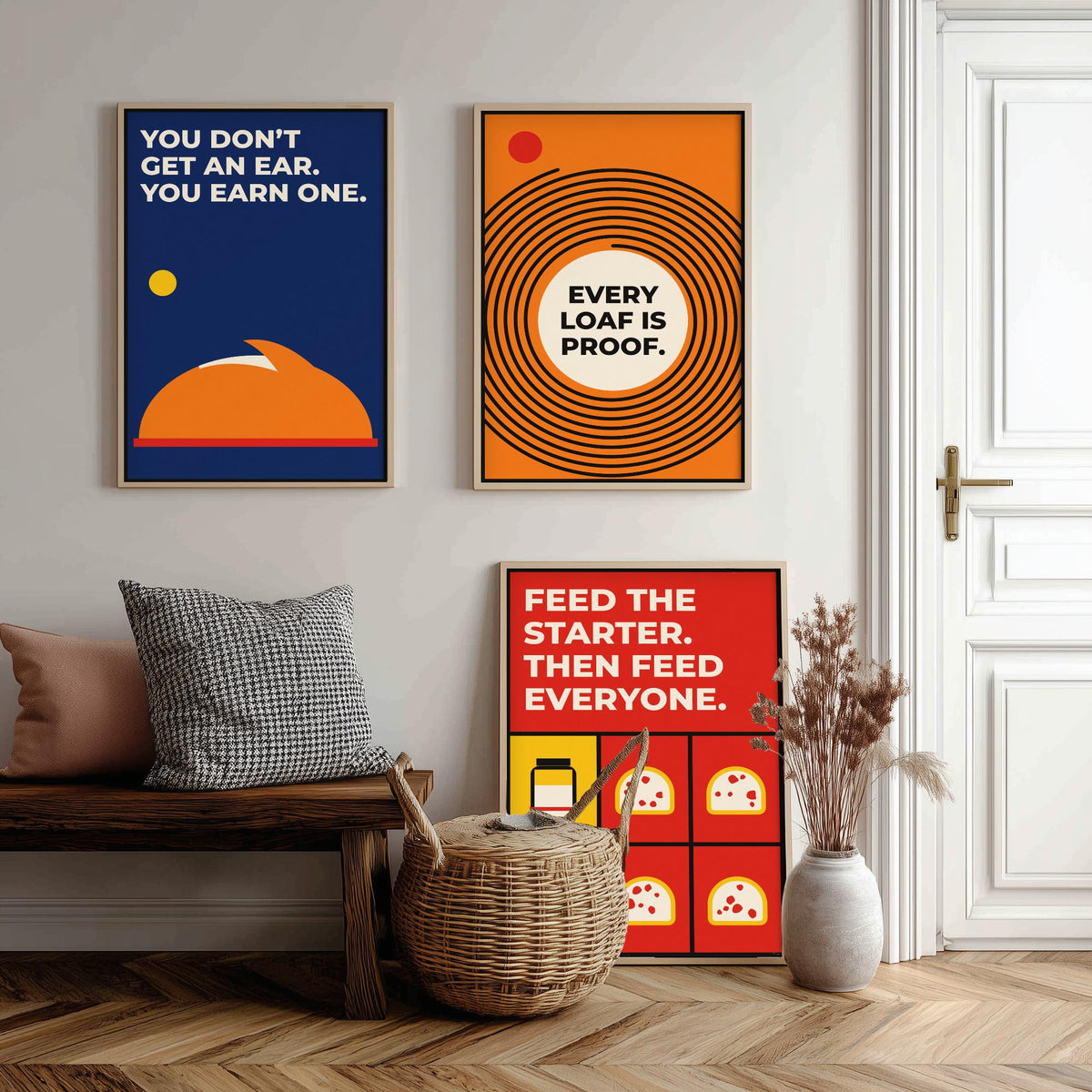 Sourdough Quotes Set of Three Art Prints - 3 Retro Bauhaus Baker and Bread Posters - Minimalist Kitchen Wall Art Illustration V2