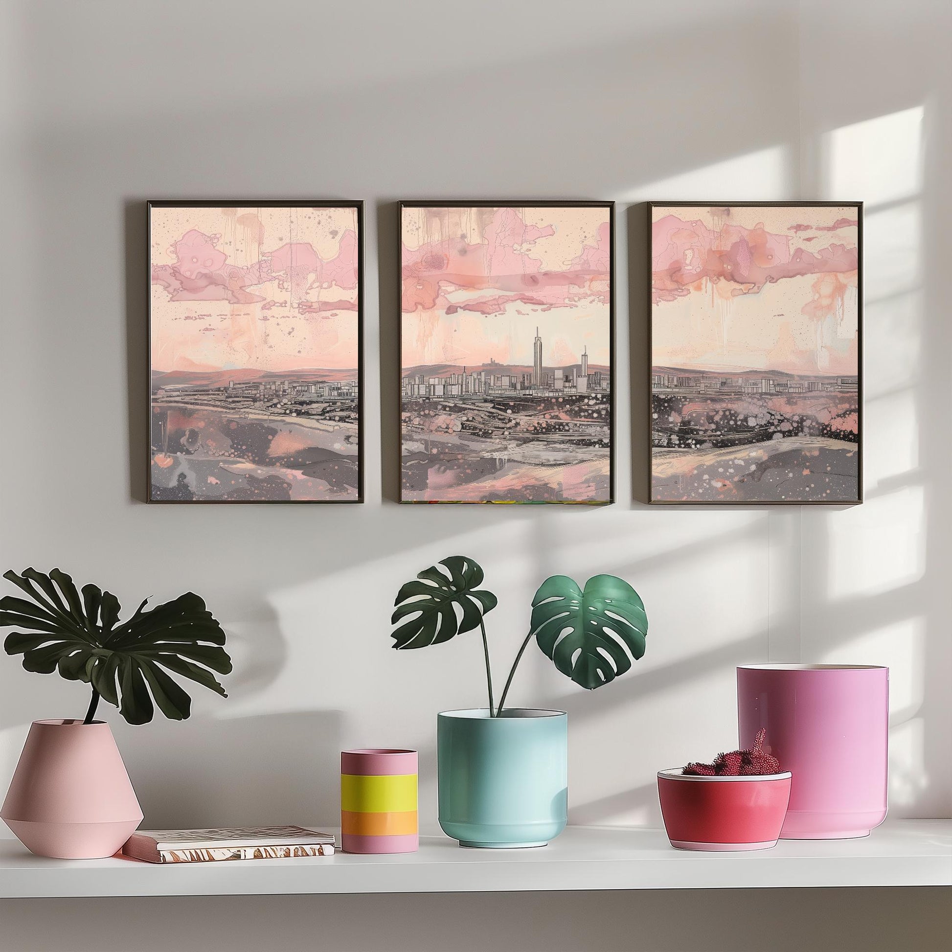 Johannesburg Skyline Set of Three Art Prints - 3 South Africa City Posters - Pink Grey Cityscape Illustration Wall Art Gift