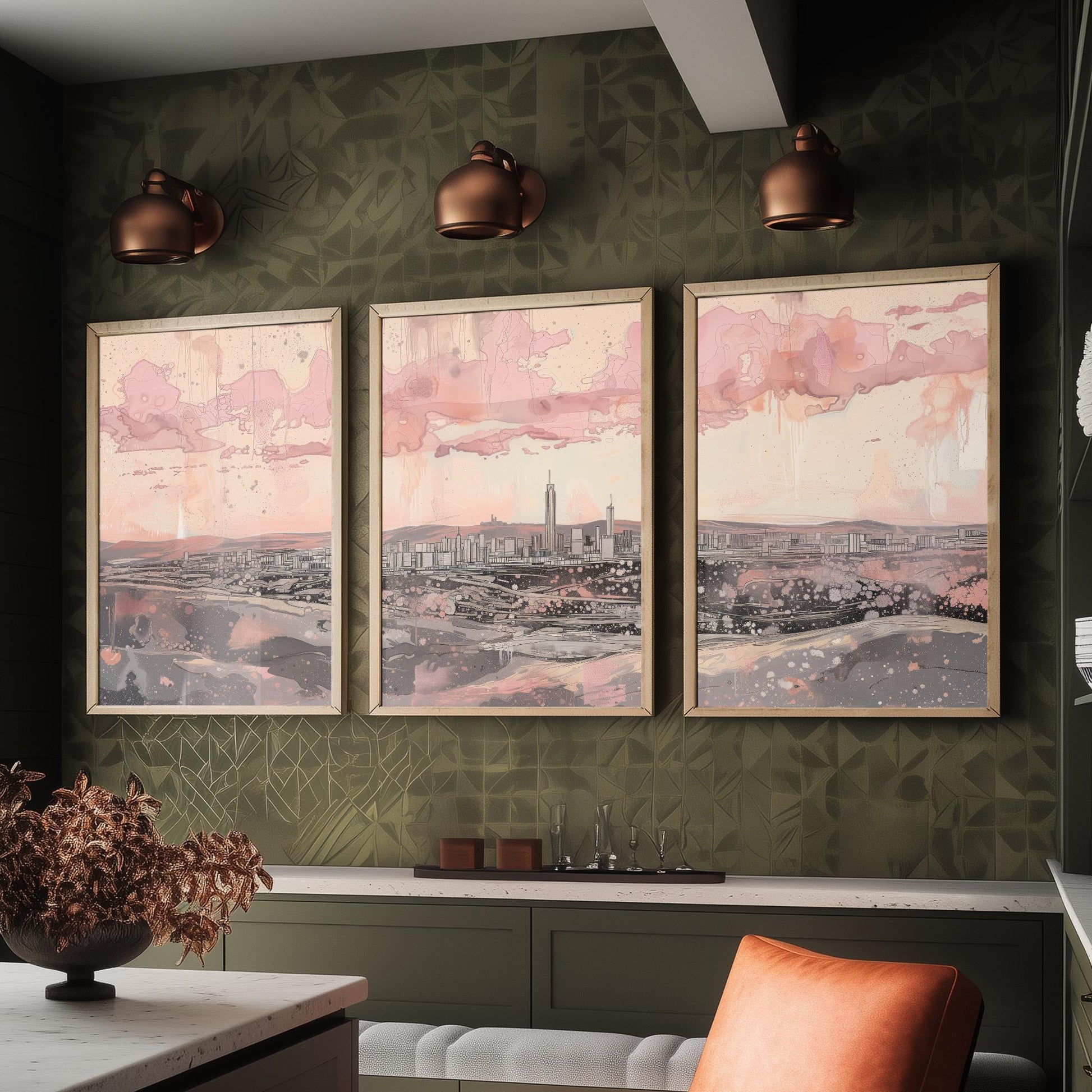 Johannesburg Skyline Set of Three Art Prints - 3 South Africa City Posters - Pink Grey Cityscape Illustration Wall Art Gift