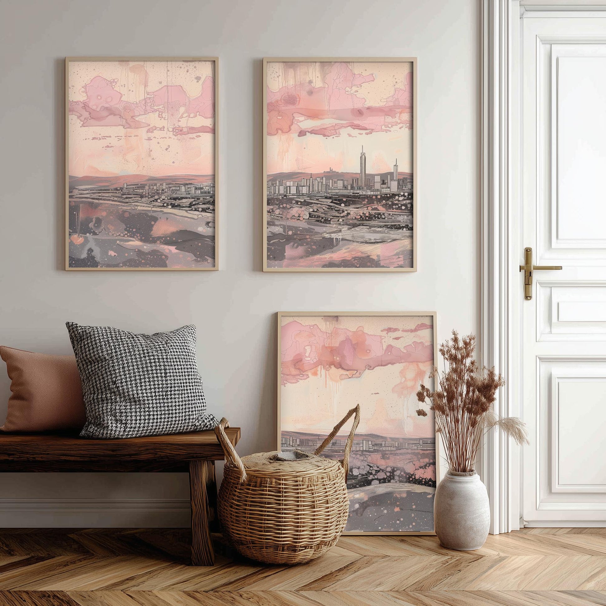 Johannesburg Skyline Set of Three Art Prints - 3 South Africa City Posters - Pink Grey Cityscape Illustration Wall Art Gift