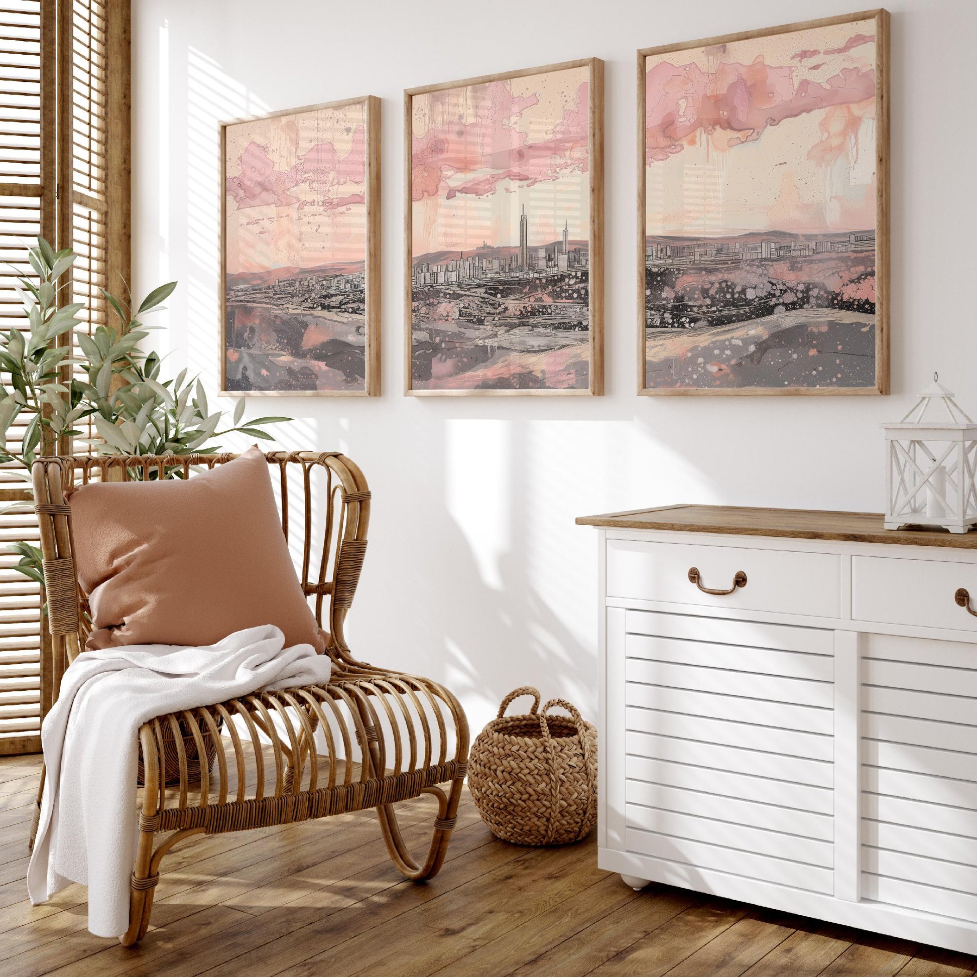 Johannesburg Skyline Set of Three Art Prints - 3 South Africa City Posters - Pink Grey Cityscape Illustration Wall Art Gift