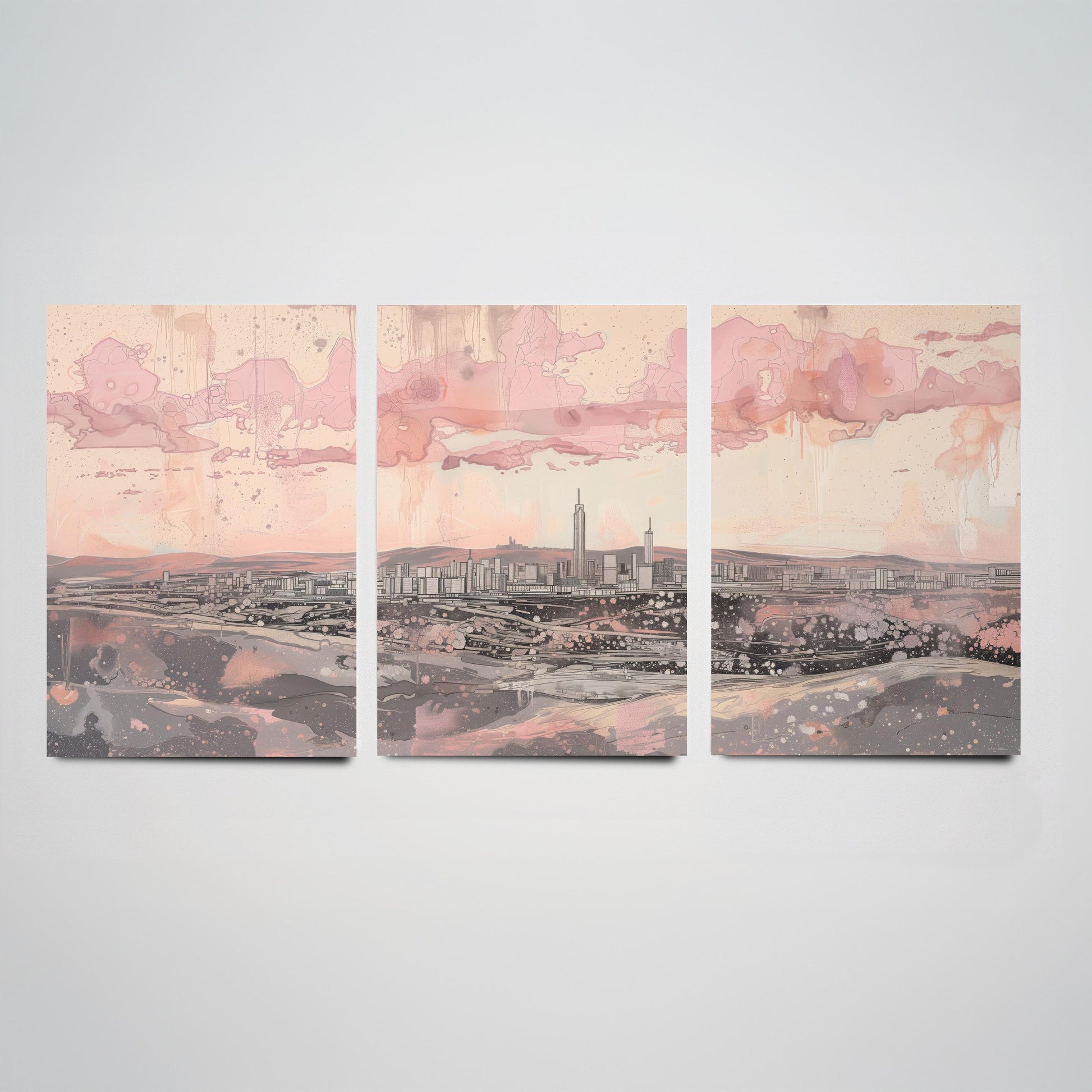 Johannesburg Skyline Set of Three Art Prints - 3 South Africa City Posters - Pink Grey Cityscape Illustration Wall Art Gift