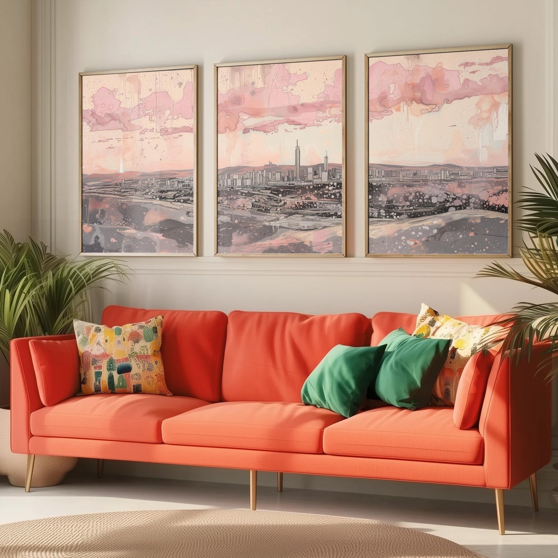 Johannesburg Skyline Set of Three Art Prints - 3 South Africa City Posters - Pink Grey Cityscape Illustration Wall Art Gift