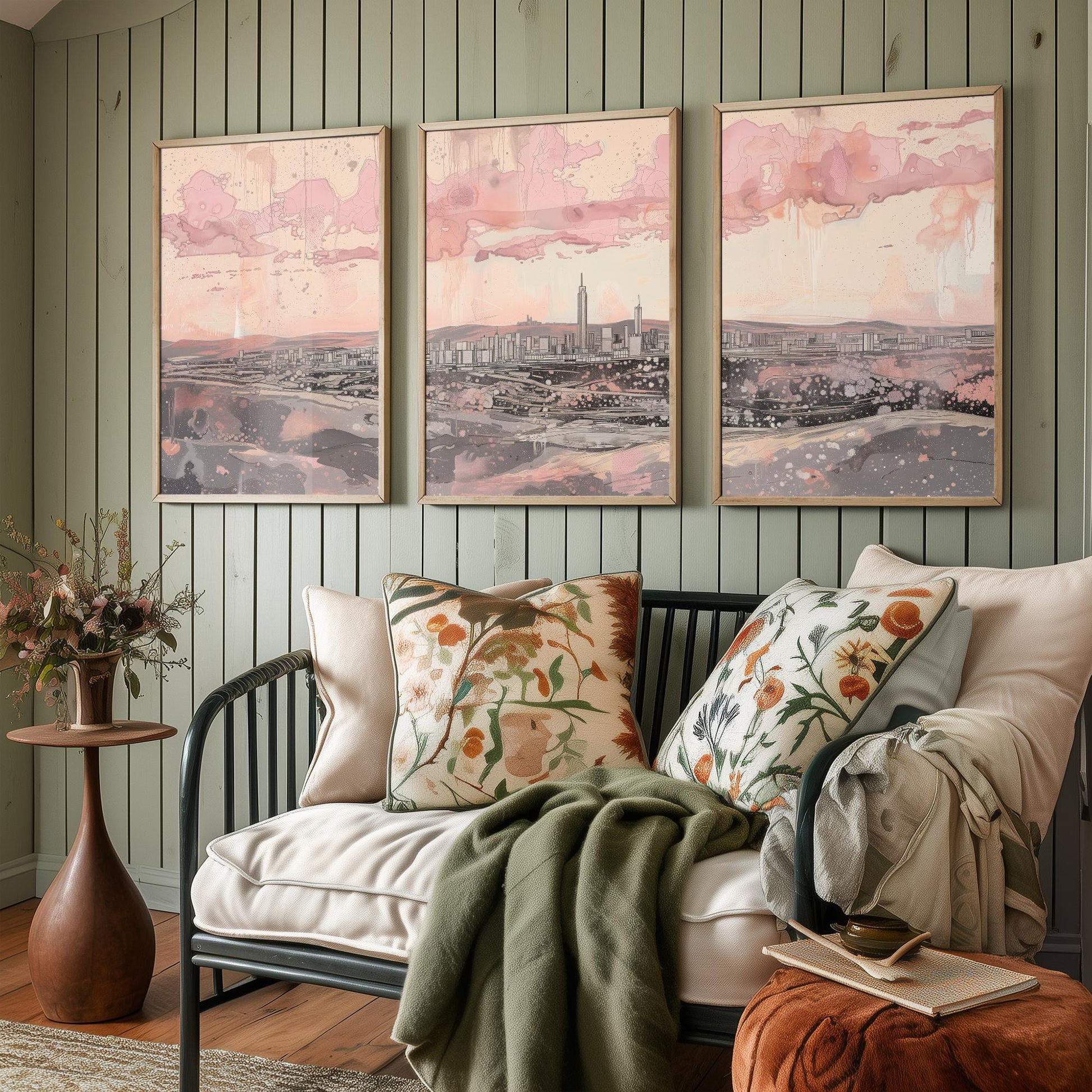 Johannesburg Skyline Set of Three Art Prints - 3 South Africa City Posters - Pink Grey Cityscape Illustration Wall Art Gift