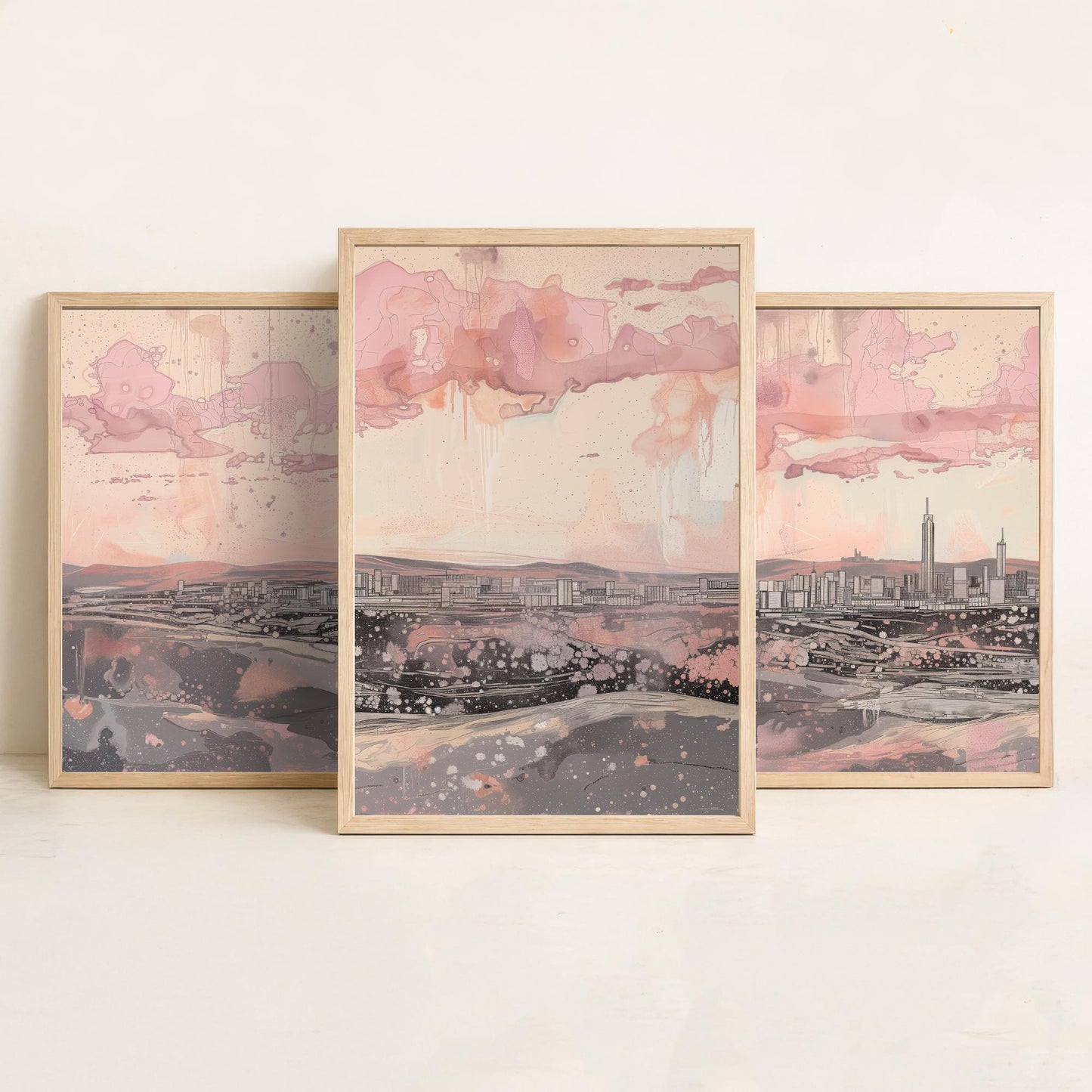 Johannesburg Skyline Set of Three Art Prints - 3 South Africa City Posters - Pink Grey Cityscape Illustration Wall Art Gift