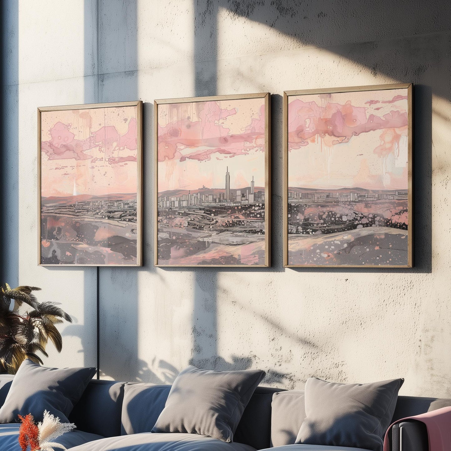 Johannesburg Skyline Set of Three Art Prints - 3 South Africa City Posters - Pink Grey Cityscape Illustration Wall Art Gift