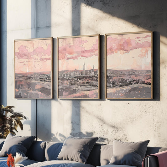 Johannesburg Skyline Set of Three Art Prints - 3 South Africa City Posters - Pink Grey Cityscape Illustration Wall Art Gift