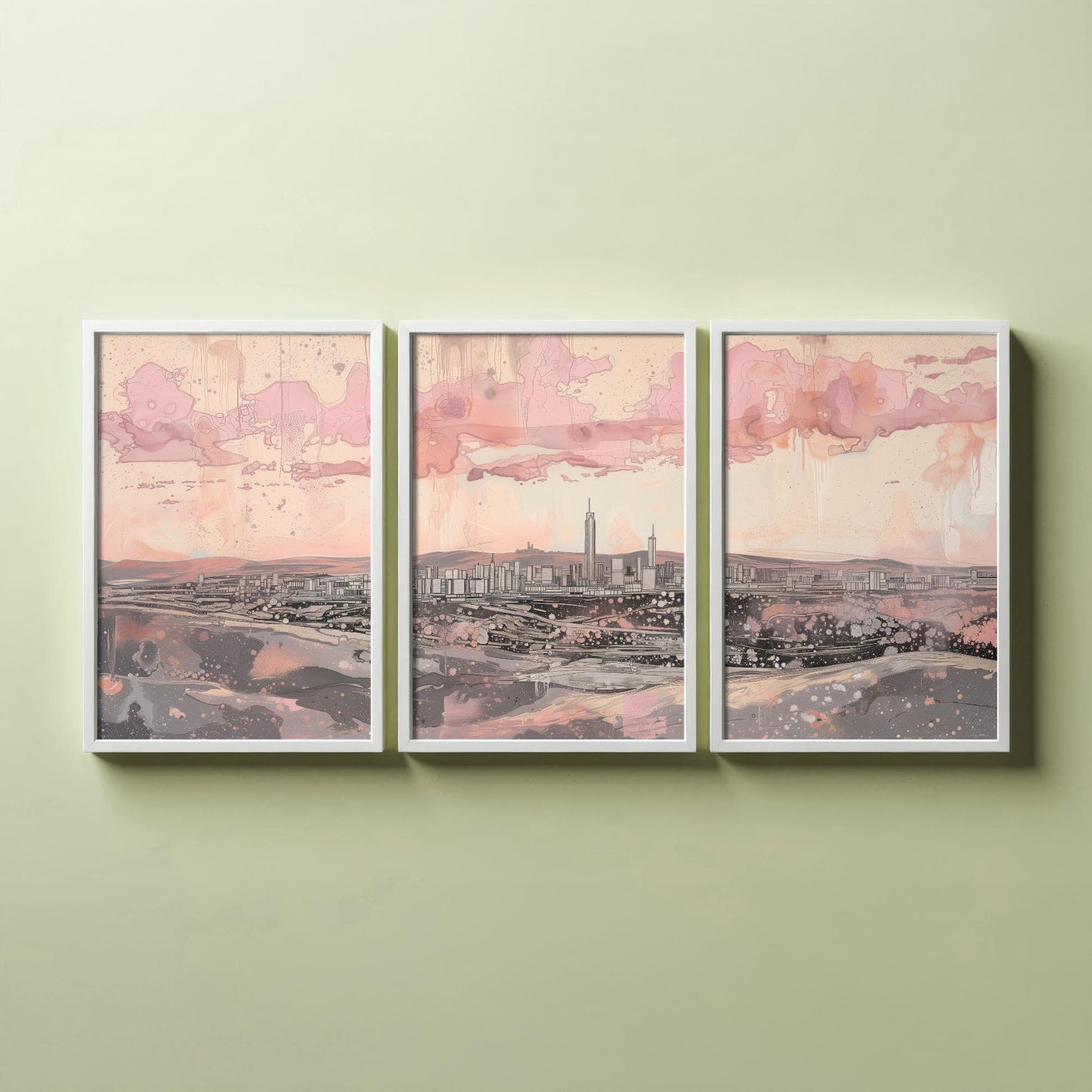 Johannesburg Skyline Set of Three Art Prints - 3 South Africa City Posters - Pink Grey Cityscape Illustration Wall Art Gift