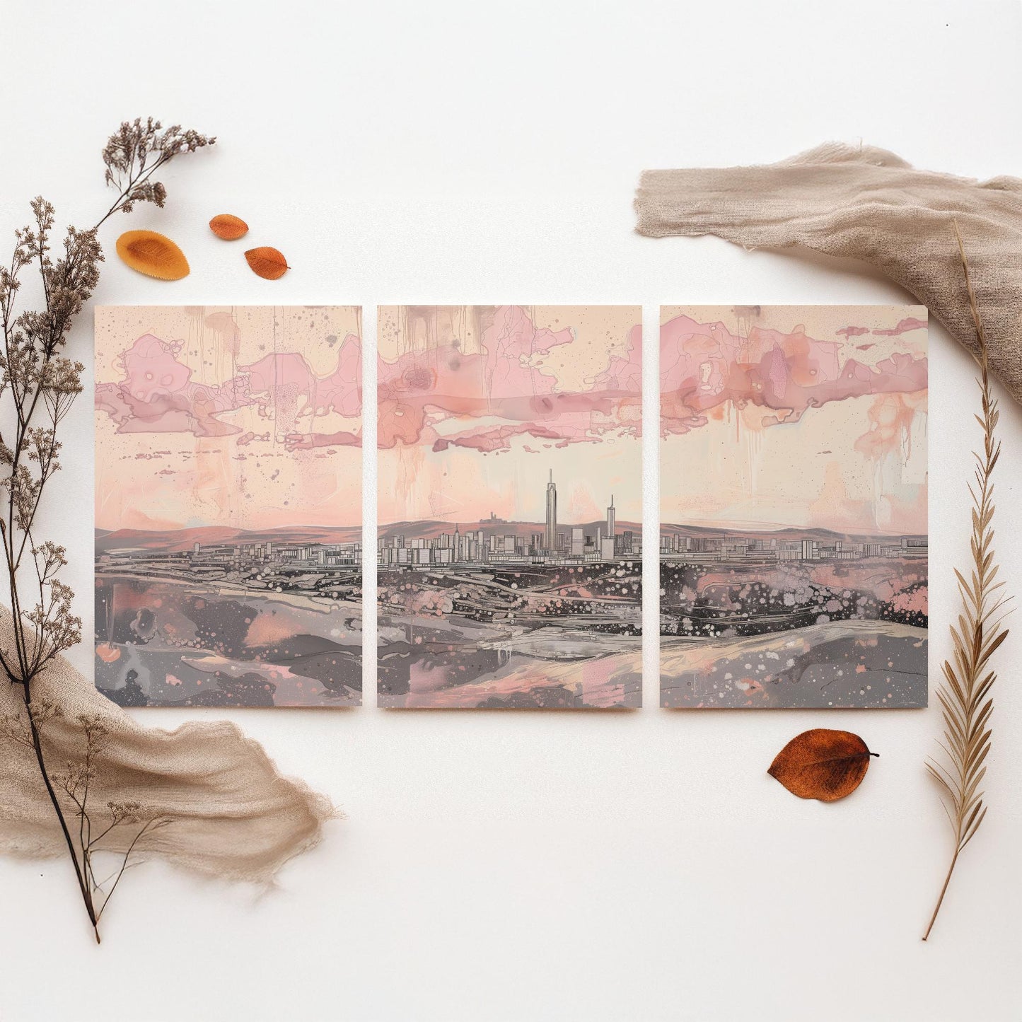 Johannesburg Skyline Set of Three Art Prints - 3 South Africa City Posters - Pink Grey Cityscape Illustration Wall Art Gift