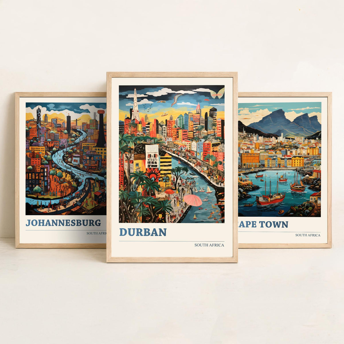 South Africa Set of Three Travel Posters - Johannesburg, Cape Town, Durban - Ludwig Folk Art Prints - Naive Painting