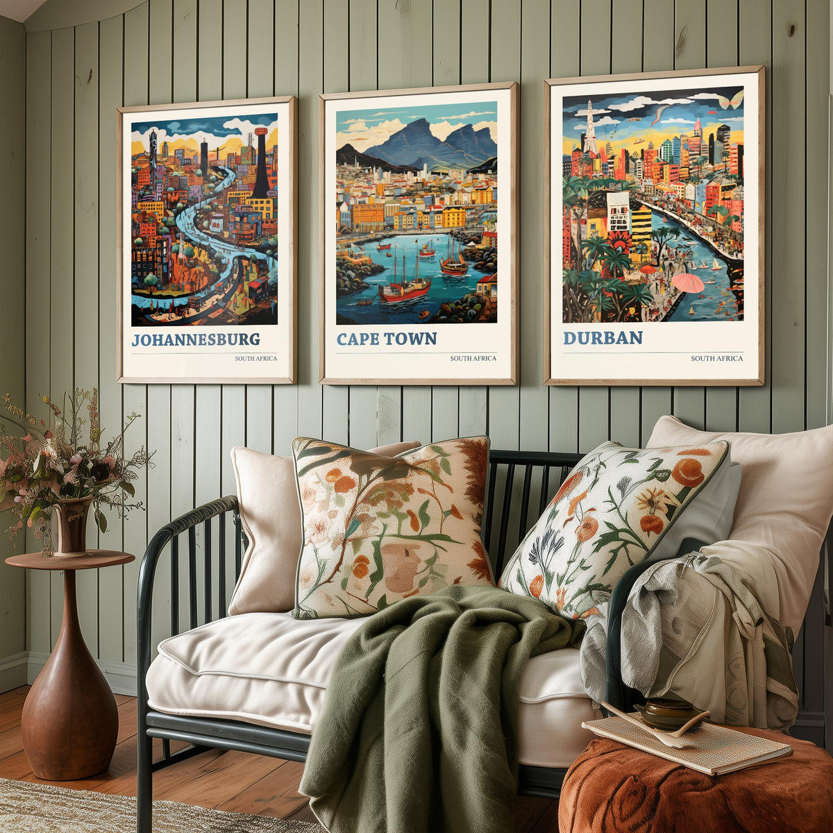 South Africa Set of Three Travel Posters - Johannesburg, Cape Town, Durban - Ludwig Folk Art Prints - Naive Painting