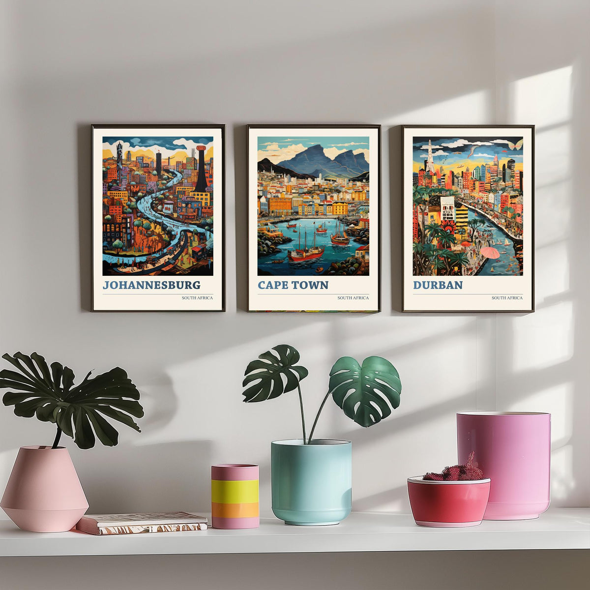 South Africa Set of Three Travel Posters - Johannesburg, Cape Town, Durban - Ludwig Folk Art Prints - Naive Painting