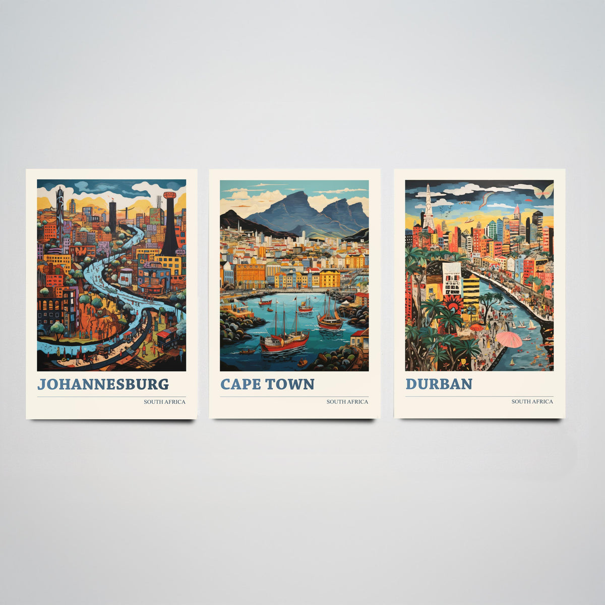 South Africa Set of Three Travel Posters - Johannesburg, Cape Town, Durban - Ludwig Folk Art Prints - Naive Painting