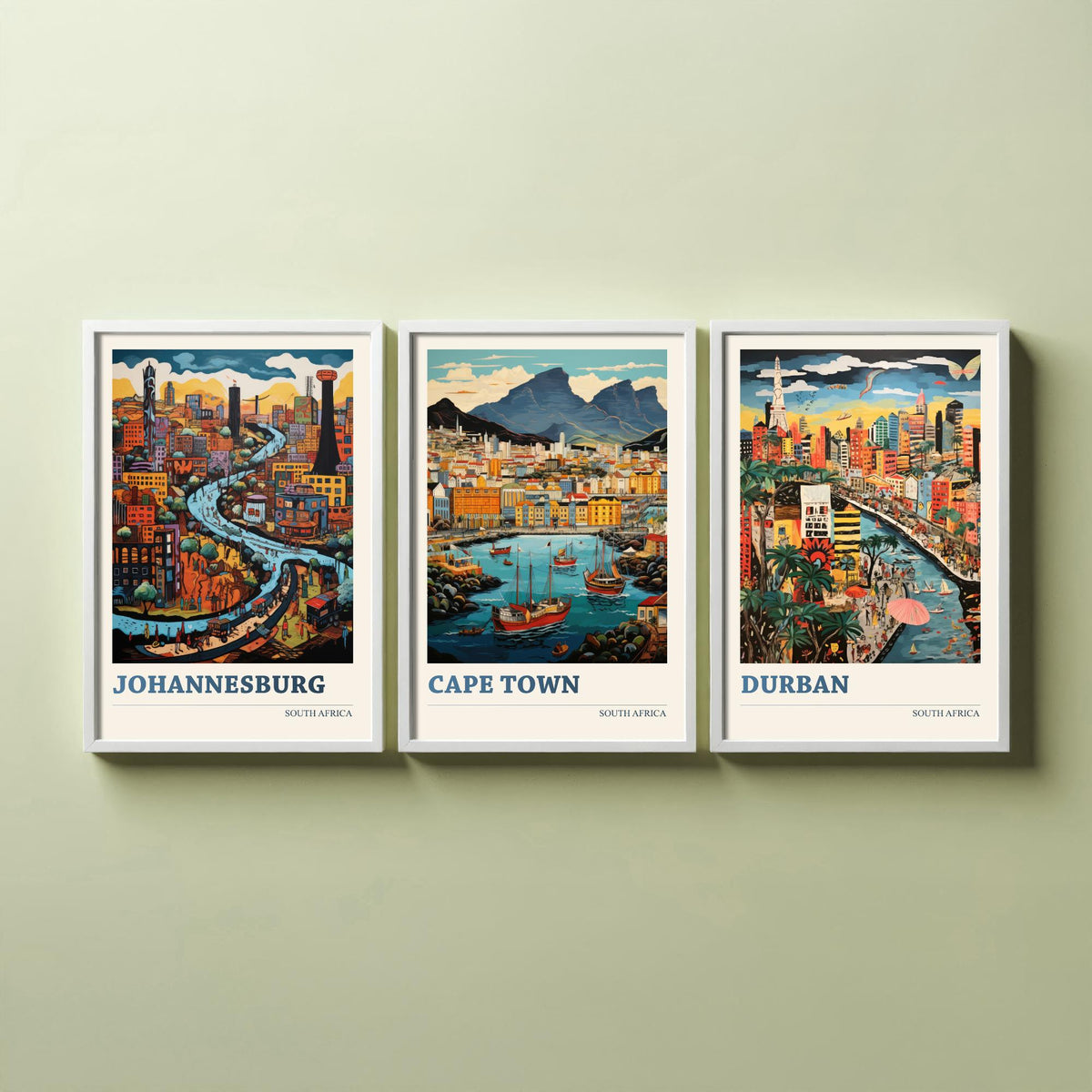 South Africa Set of Three Travel Posters - Johannesburg, Cape Town, Durban - Ludwig Folk Art Prints - Naive Painting