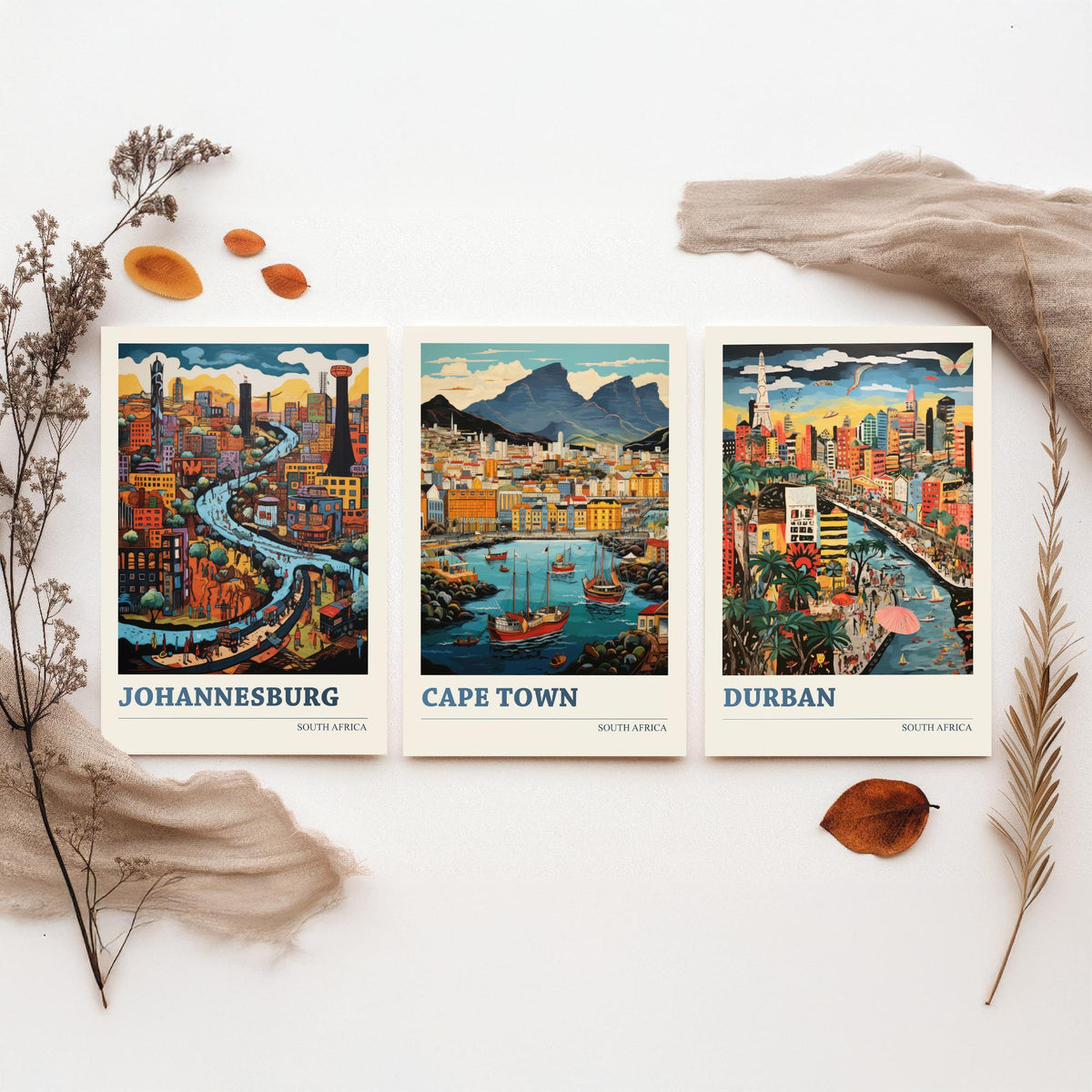 South Africa Set of Three Travel Posters - Johannesburg, Cape Town, Durban - Ludwig Folk Art Prints - Naive Painting