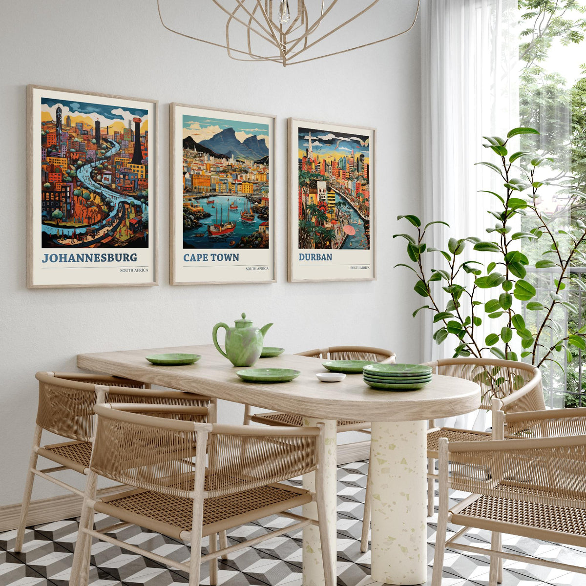 South Africa Set of Three Travel Posters - Johannesburg, Cape Town, Durban - Ludwig Folk Art Prints - Naive Painting