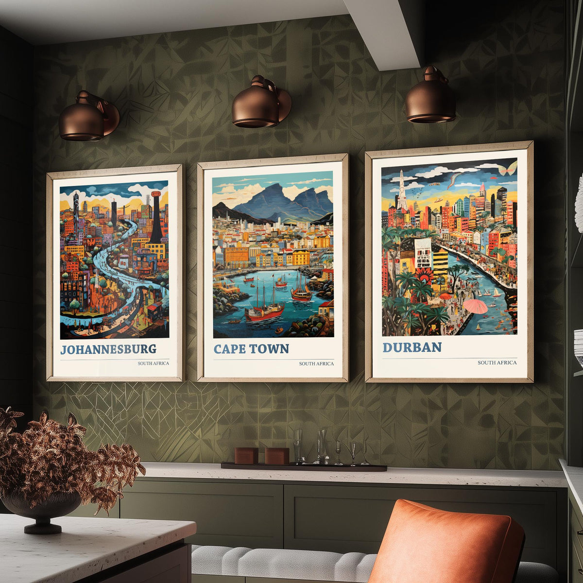 South Africa Set of Three Travel Posters - Johannesburg, Cape Town, Durban - Ludwig Folk Art Prints - Naive Painting