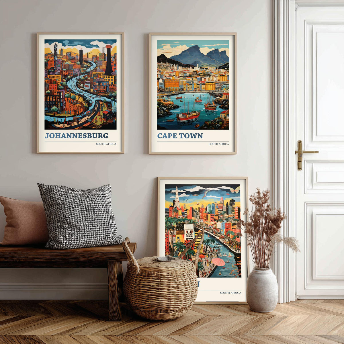 South Africa Set of Three Travel Posters - Johannesburg, Cape Town, Durban - Ludwig Folk Art Prints - Naive Painting