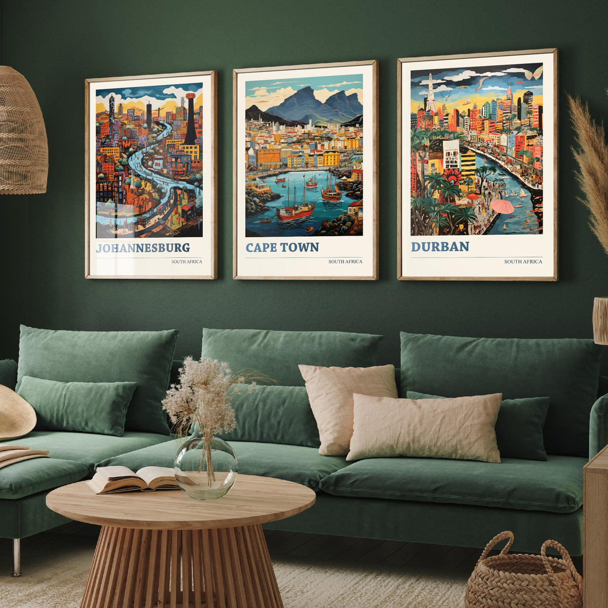 South Africa Set of Three Travel Posters - Johannesburg, Cape Town, Durban - Ludwig Folk Art Prints - Naive Painting