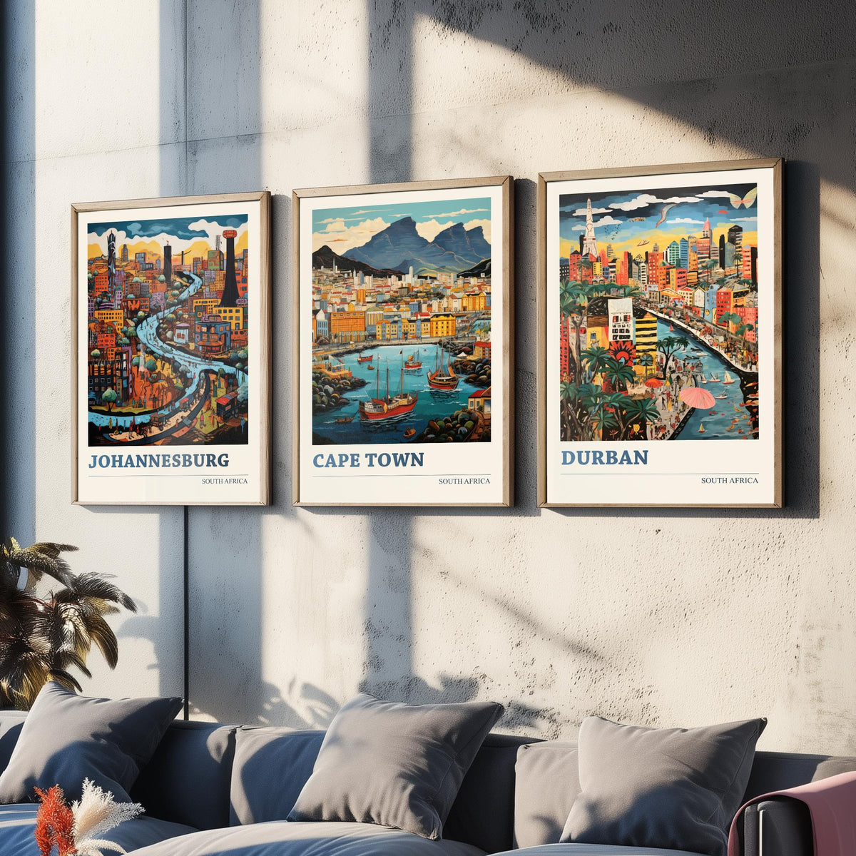 South Africa Set of Three Travel Posters - Johannesburg, Cape Town, Durban - Ludwig Folk Art Prints - Naive Painting