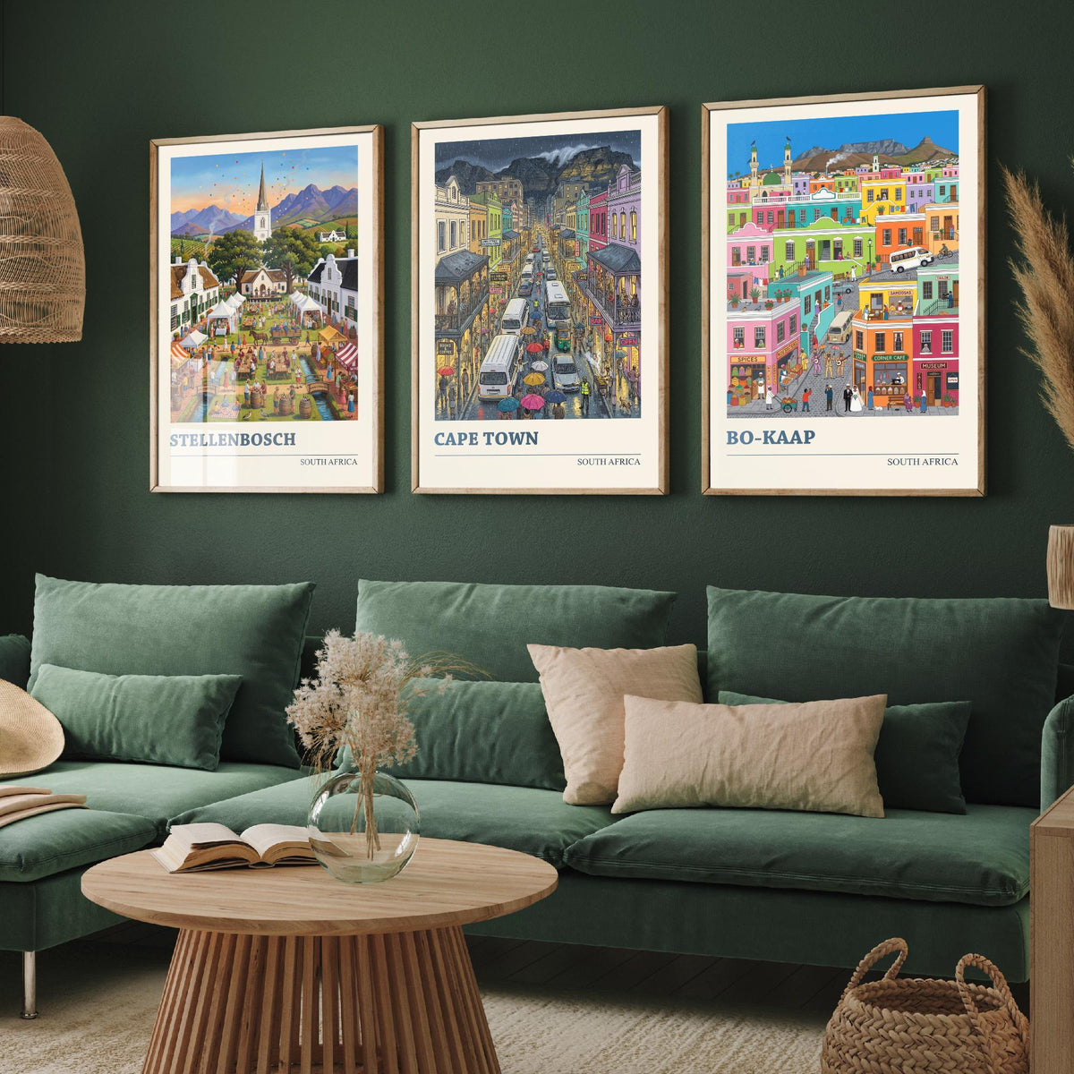 South Africa Set of Three Art Prints - Stellenbosch, Cape Town, Bo-Kaap - 3 Colourful Folk Illustration Travel Posters - Cape Painting