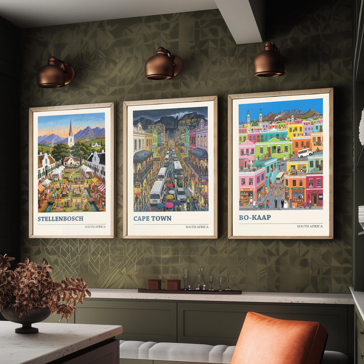 South Africa Set of Three Art Prints - Stellenbosch, Cape Town, Bo-Kaap - 3 Colourful Folk Illustration Travel Posters - Cape Painting