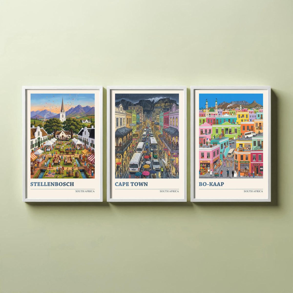 South Africa Set of Three Art Prints - Stellenbosch, Cape Town, Bo-Kaap - 3 Colourful Folk Illustration Travel Posters - Cape Painting
