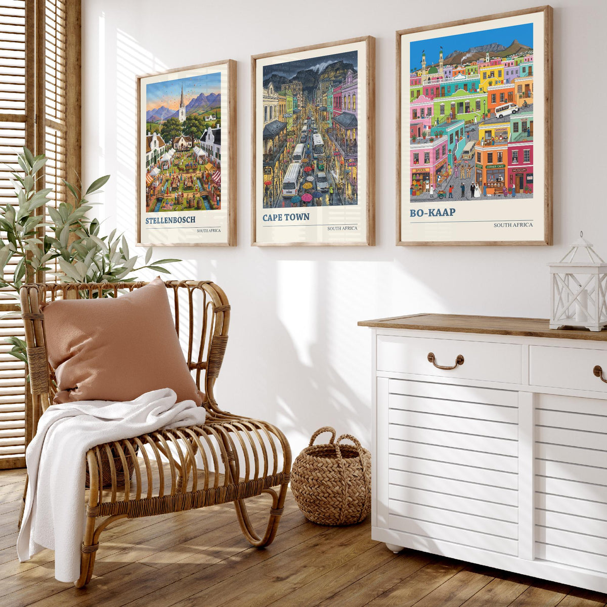 South Africa Set of Three Art Prints - Stellenbosch, Cape Town, Bo-Kaap - 3 Colourful Folk Illustration Travel Posters - Cape Painting