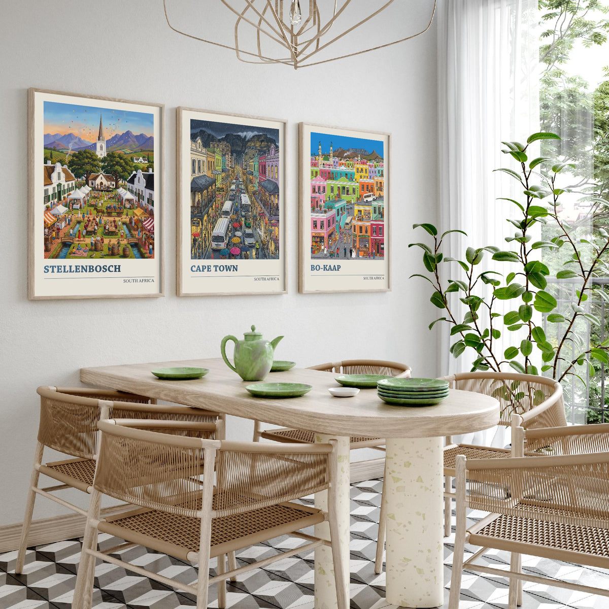 South Africa Set of Three Art Prints - Stellenbosch, Cape Town, Bo-Kaap - 3 Colourful Folk Illustration Travel Posters - Cape Painting