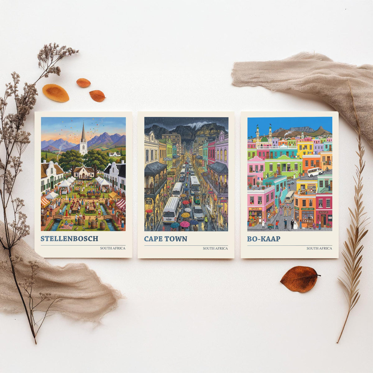 South Africa Set of Three Art Prints - Stellenbosch, Cape Town, Bo-Kaap - 3 Colourful Folk Illustration Travel Posters - Cape Painting