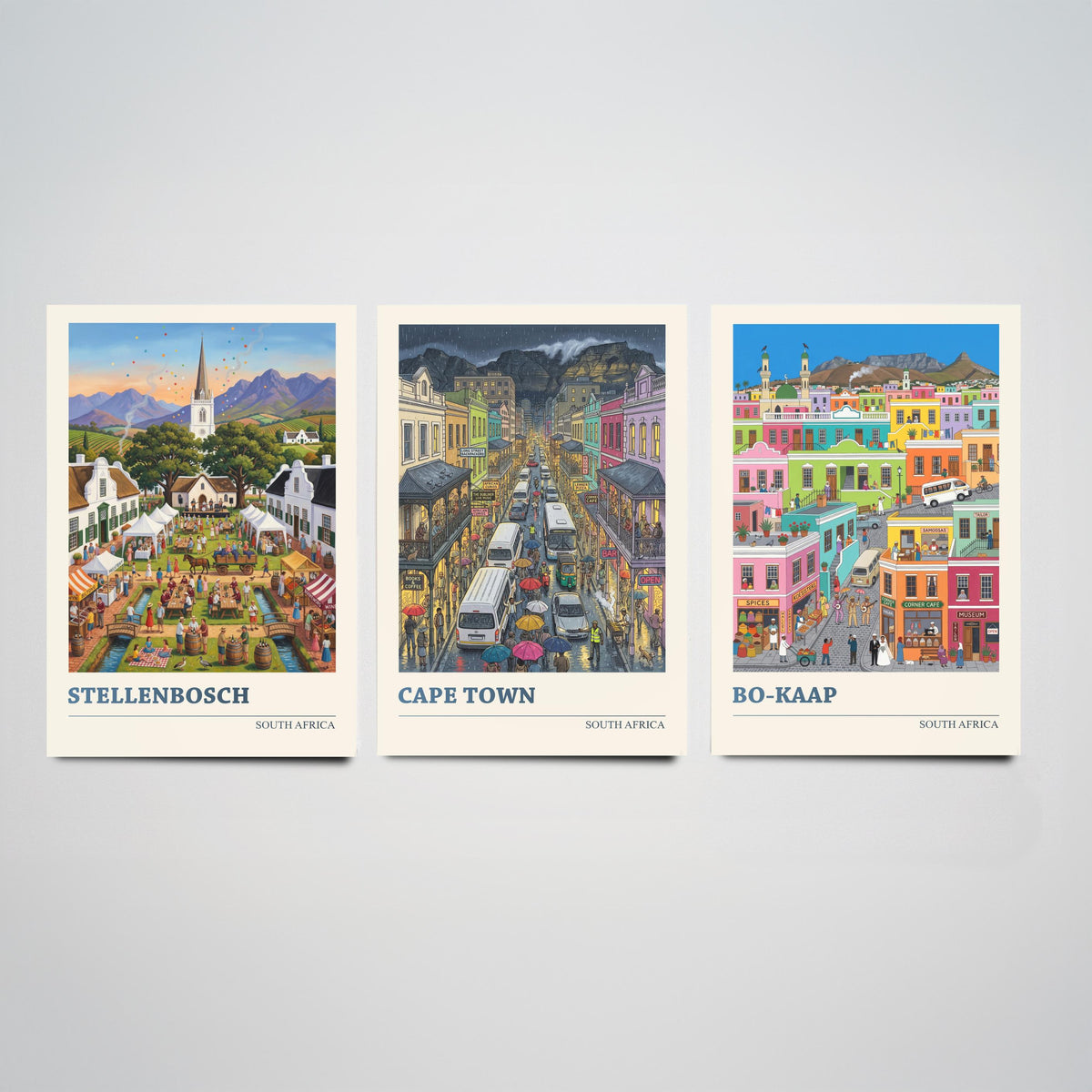 South Africa Set of Three Art Prints - Stellenbosch, Cape Town, Bo-Kaap - 3 Colourful Folk Illustration Travel Posters - Cape Painting