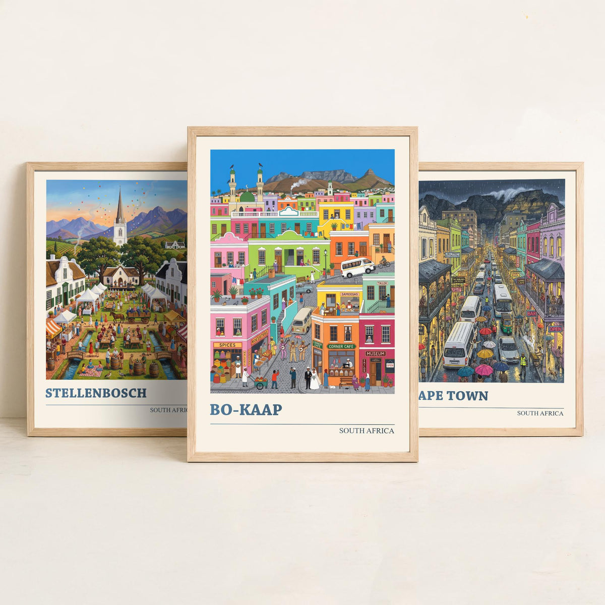 South Africa Set of Three Art Prints - Stellenbosch, Cape Town, Bo-Kaap - 3 Colourful Folk Illustration Travel Posters - Cape Painting