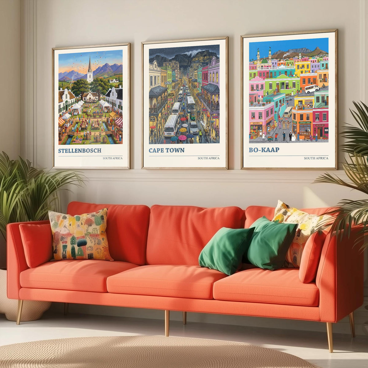 South Africa Set of Three Art Prints - Stellenbosch, Cape Town, Bo-Kaap - 3 Colourful Folk Illustration Travel Posters - Cape Painting