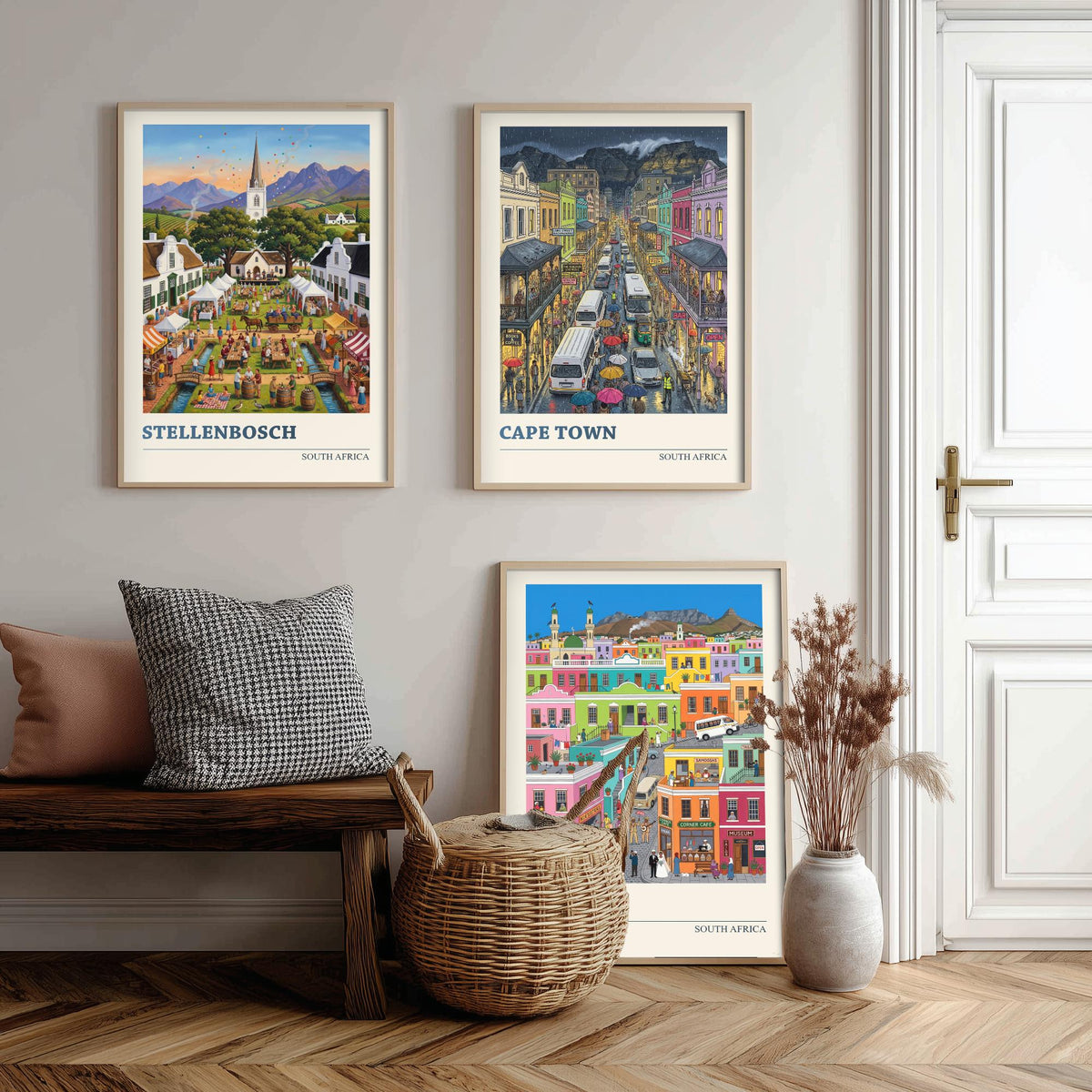 South Africa Set of Three Art Prints - Stellenbosch, Cape Town, Bo-Kaap - 3 Colourful Folk Illustration Travel Posters - Cape Painting