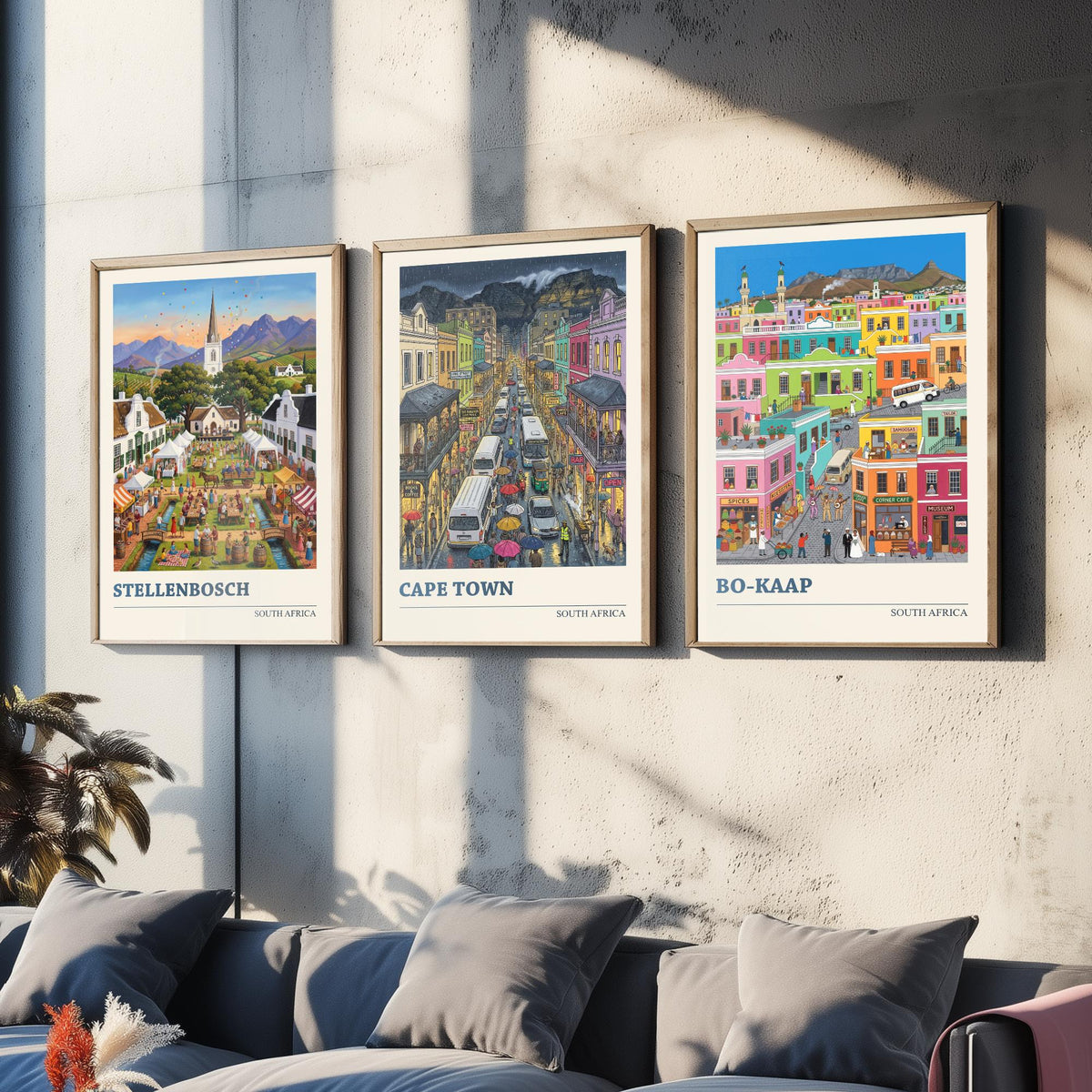 South Africa Set of Three Art Prints - Stellenbosch, Cape Town, Bo-Kaap - 3 Colourful Folk Illustration Travel Posters - Cape Painting