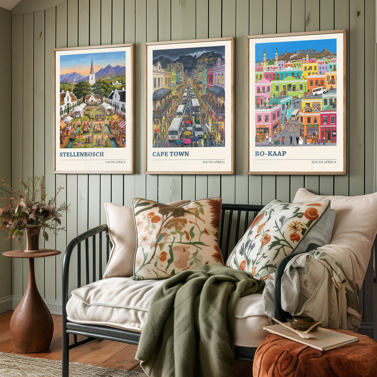 South Africa Set of Three Art Prints - Stellenbosch, Cape Town, Bo-Kaap - 3 Colourful Folk Illustration Travel Posters - Cape Painting