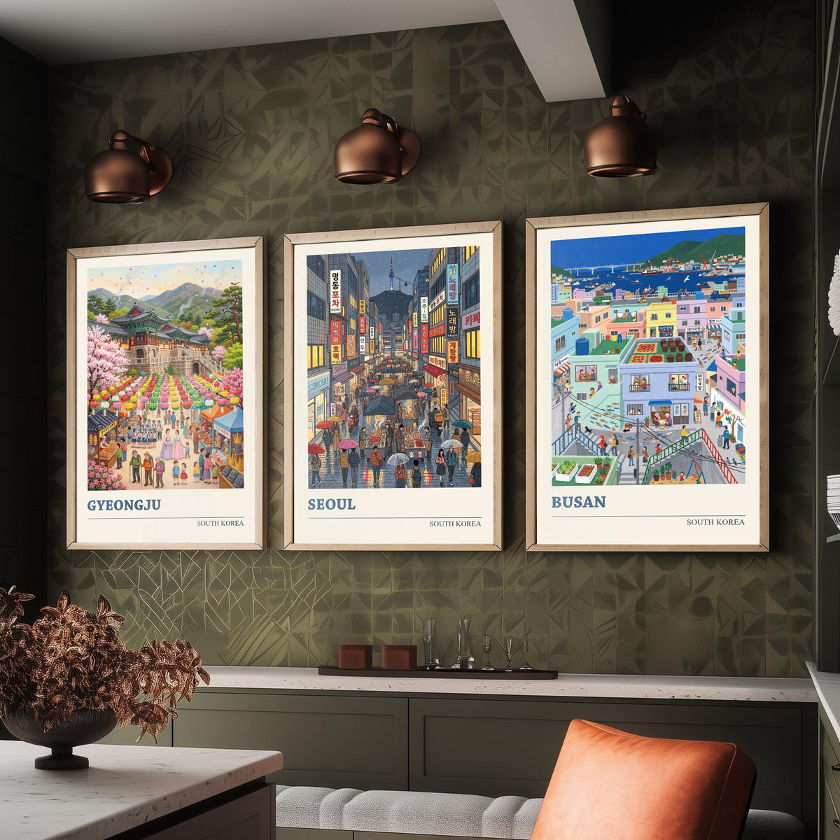 South Korea Set of Three Art Prints - Gyeongju, Seoul, Busan - 3 Colourful Folk Illustration Travel Posters - Korean Painting
