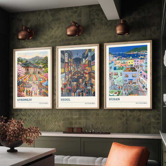 South Korea Set of Three Art Prints - Gyeongju, Seoul, Busan - 3 Colourful Folk Illustration Travel Posters - Korean Painting