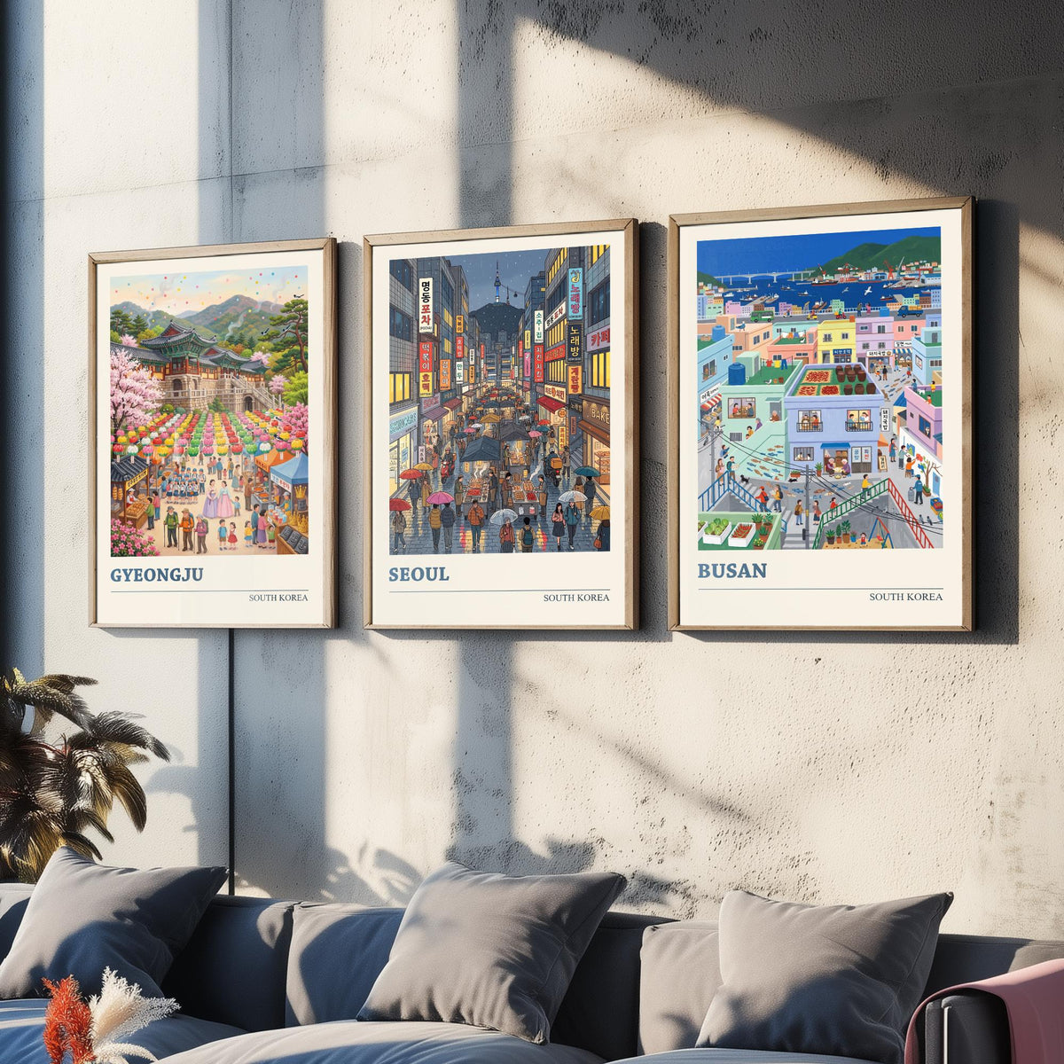 South Korea Set of Three Art Prints - Gyeongju, Seoul, Busan - 3 Colourful Folk Illustration Travel Posters - Korean Painting