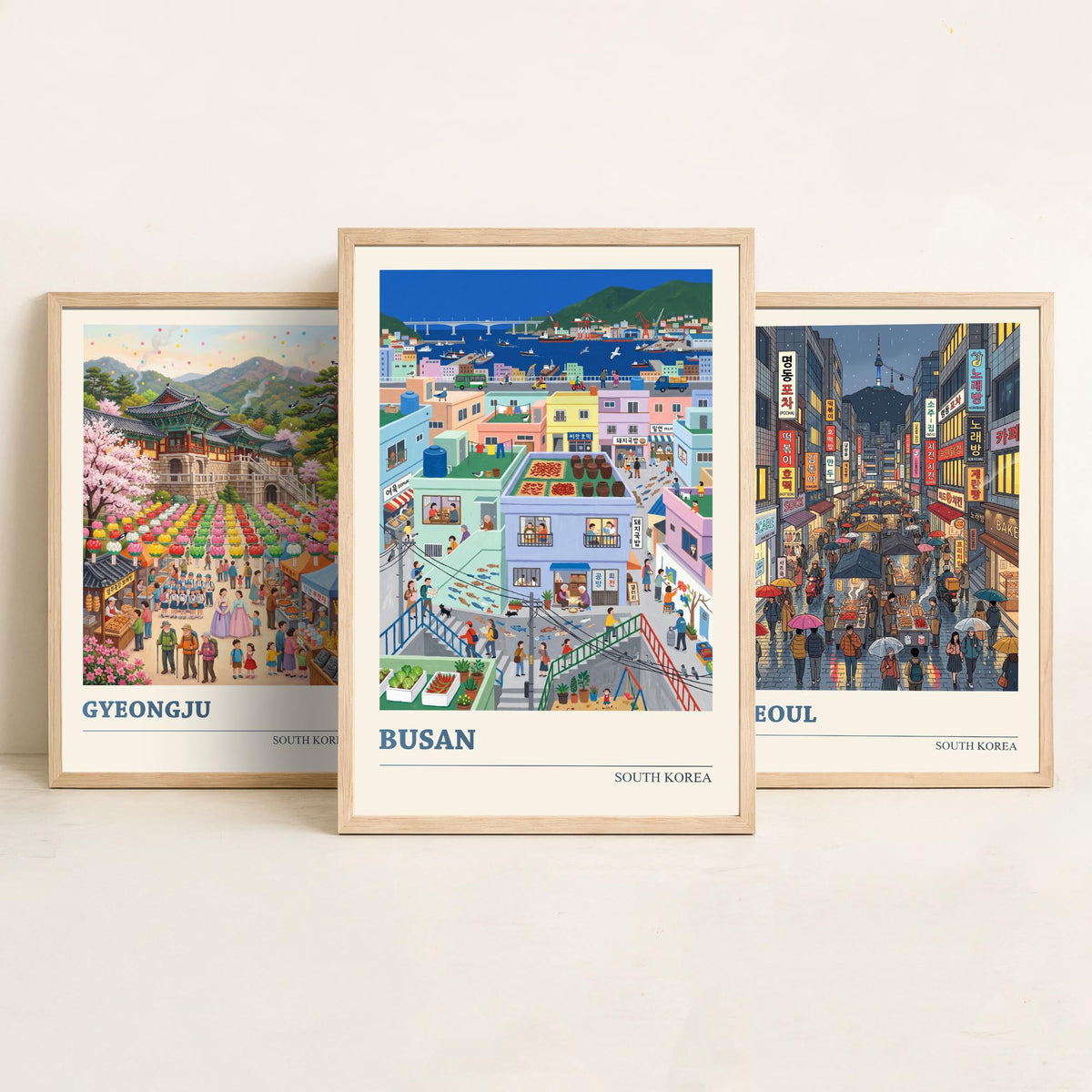 South Korea Set of Three Art Prints - Gyeongju, Seoul, Busan - 3 Colourful Folk Illustration Travel Posters - Korean Painting