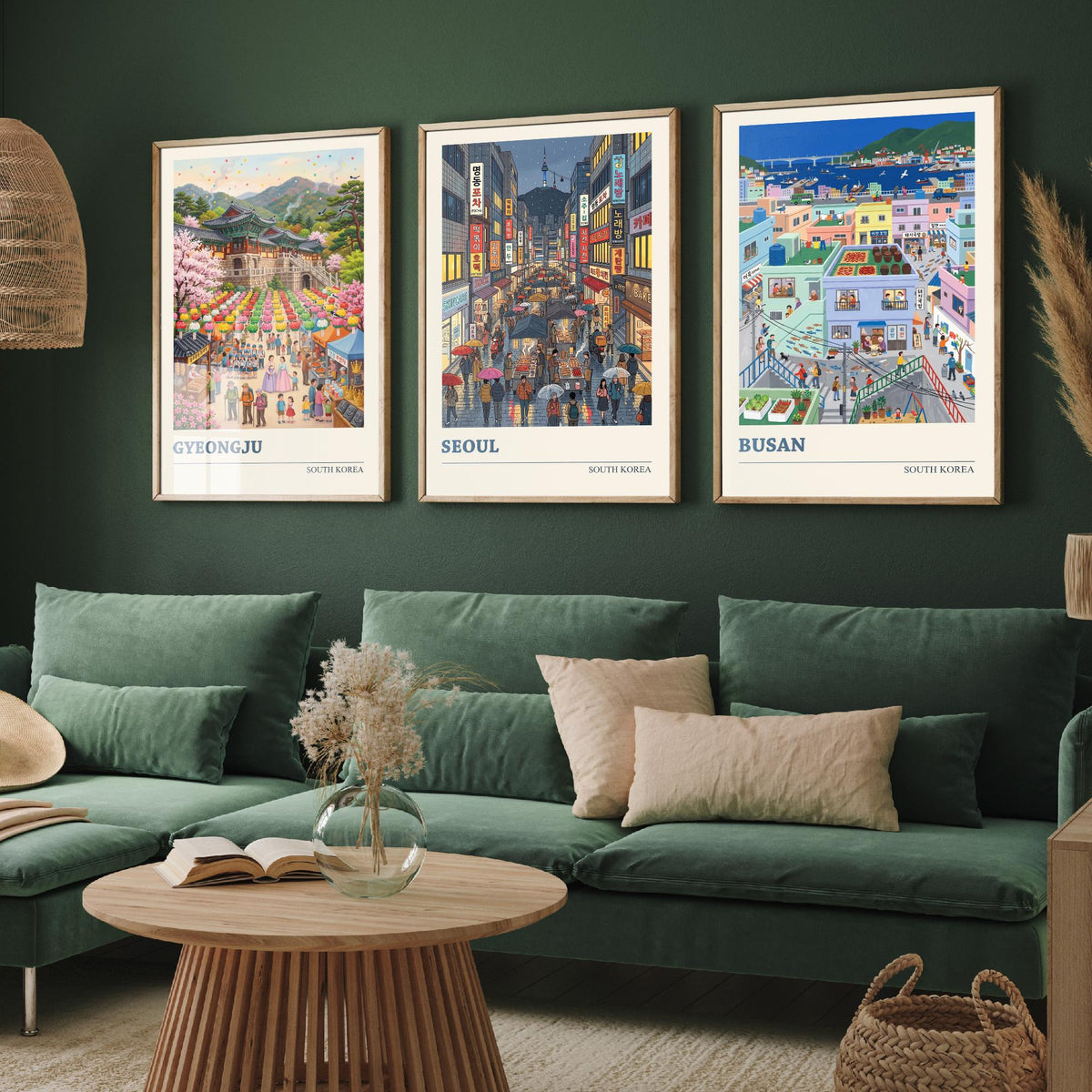 South Korea Set of Three Art Prints - Gyeongju, Seoul, Busan - 3 Colourful Folk Illustration Travel Posters - Korean Painting